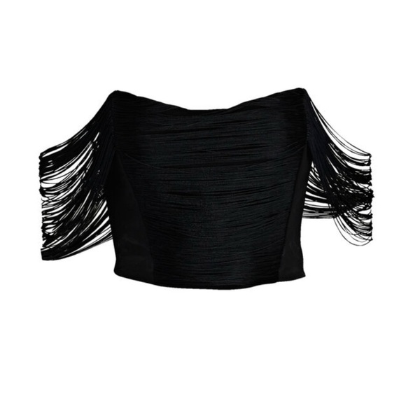 JONATHAN SIMKHAI Draped Fringed Crepe Bustier Black Off-Shoulder Top NEW - Picture 4 of 9